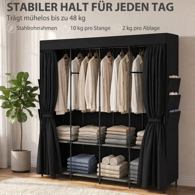 HOMCOM Stoff-Kleiderschrank, staubdicht, tragbar, 5 Kleiderstangen, 170 x 45 x 167 cm, Schwarz