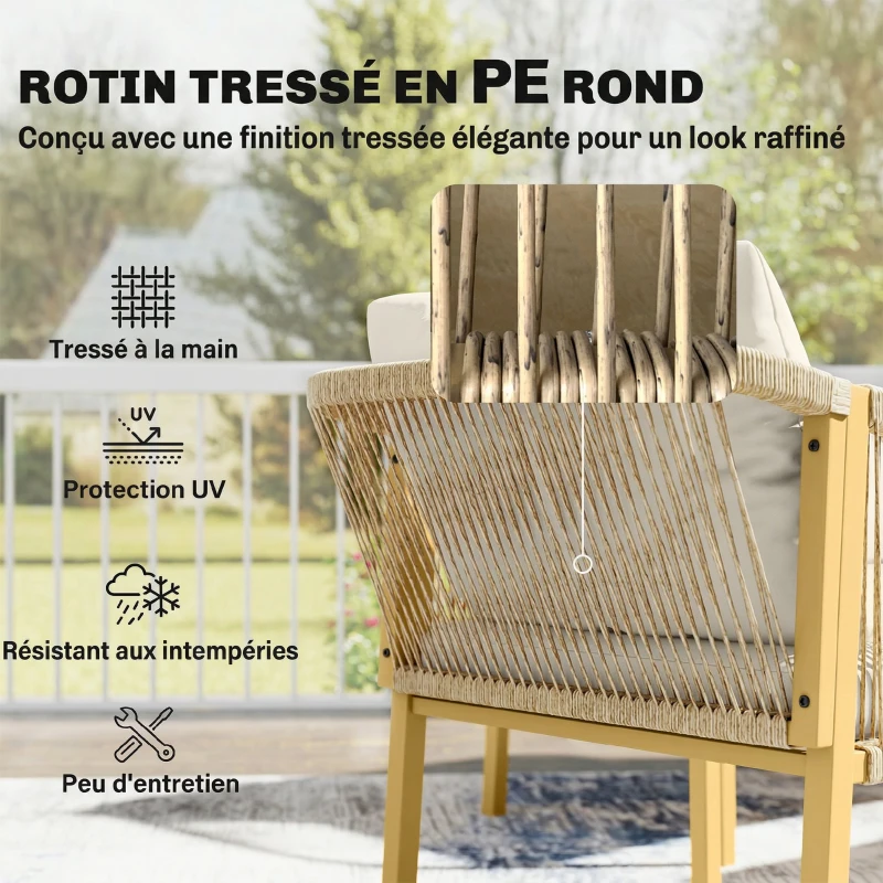Outsunny Salon de Jardin Extérieur 4 Pièces avec Canapé 2 Fauteuils Table Coussins, Acier Résine Tressée, 120x72x73cm, Kaki