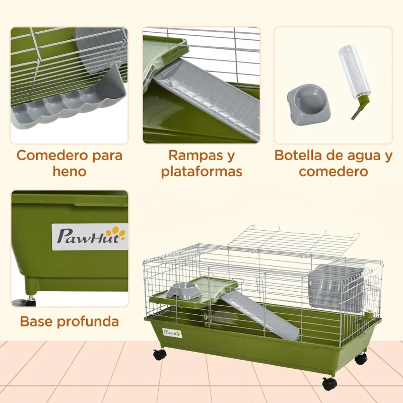 PawHut Jaula para Animales Pequeños con Ruedas Botella Comedero Dispensador de Heno para Conejos y Cobayas 89x44x43 cm Verde