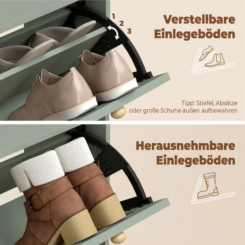 HOMCOM Schuhschrank mit 2 Klappfächern und verstellbaren Böden, hellgrün