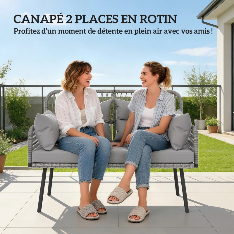 Outsunny Canapé de jardin avec coussins et oreillers 2 places en résine tressée, canapé d'extérieur avec accoudoirs gris foncé