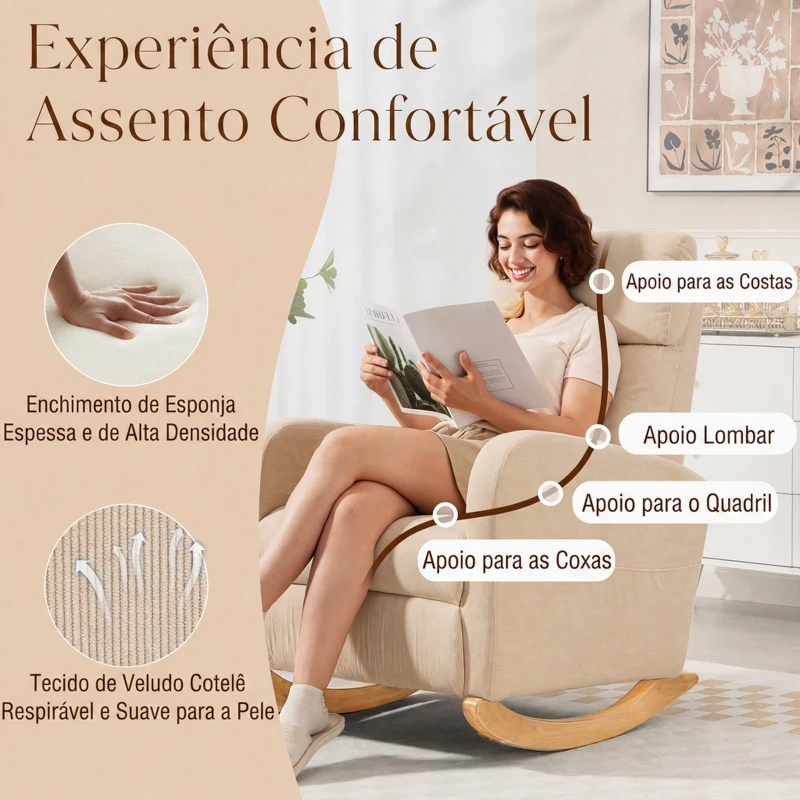HOMCOM Cadeira de Baloiço de Veludo com Encosto Alto Pés de Madeira Bolsos Apoios de Braços Estilo Moderno  67x94x105 cm Bege