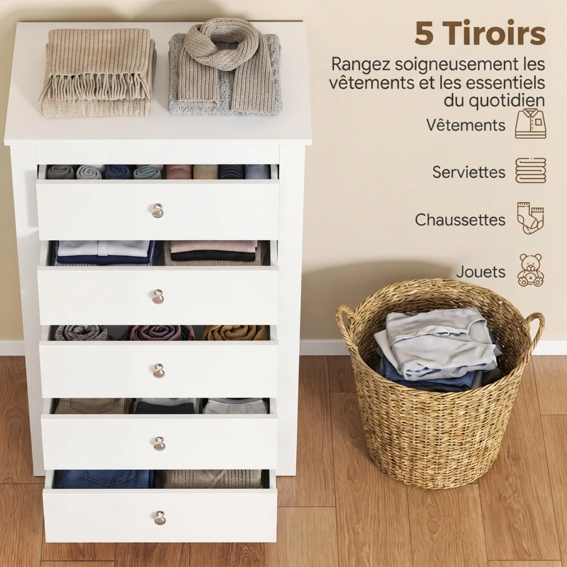 HOMCOM Commode 5 Tiroirs, Meuble de Rangement avec Glissières Fluides, Chiffonnier, Style Moderne, 60 x 39,5 x 95,3 cm, Blanc