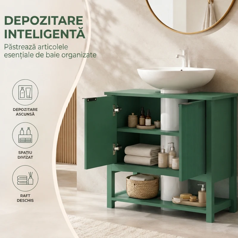 HOMCOM Dulap Sub Lavoar cu 2 Uși, Raft Deschis și Design Modern, 65x32x62 cm, Verde