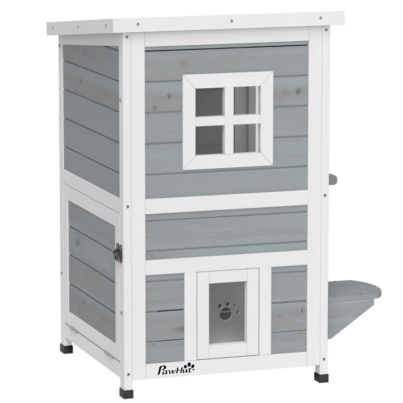 PawHut Maisonnette pour chats sur 2 étages en bois intérieur et extérieur toit rabattable 51 x 51 x 81,3 cm blanc et gris