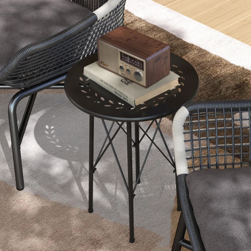 Outsunny Petite table d'appoint ronde, table de jardin, avec découpe en forme de fleur et feuilles, en acier, Ø 40 x 50 cm, noir