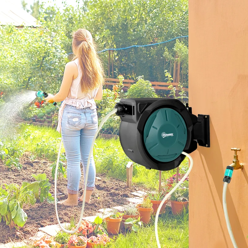 Outsunny Enrouleur Tuyau Arrosage Mural 25 m x Ø 15 mm Dévidoir Automatique de Tuyaux d'Eau Rétractable Automatique vert