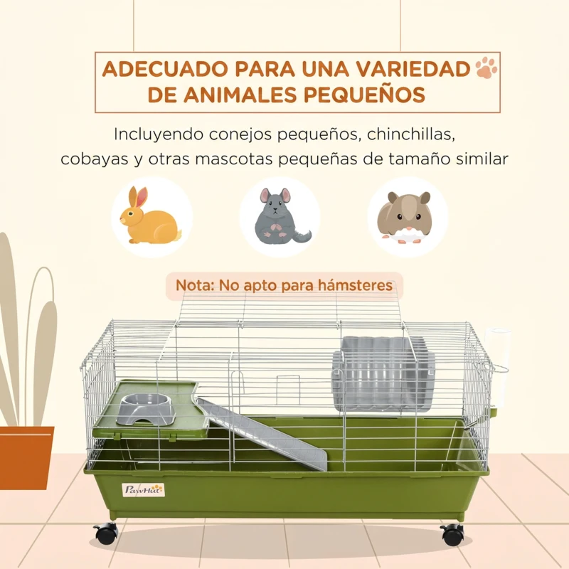PawHut Jaula para Animales Pequeños con Ruedas Botella Comedero Dispensador de Heno para Conejos y Cobayas 89x44x43 cm Verde