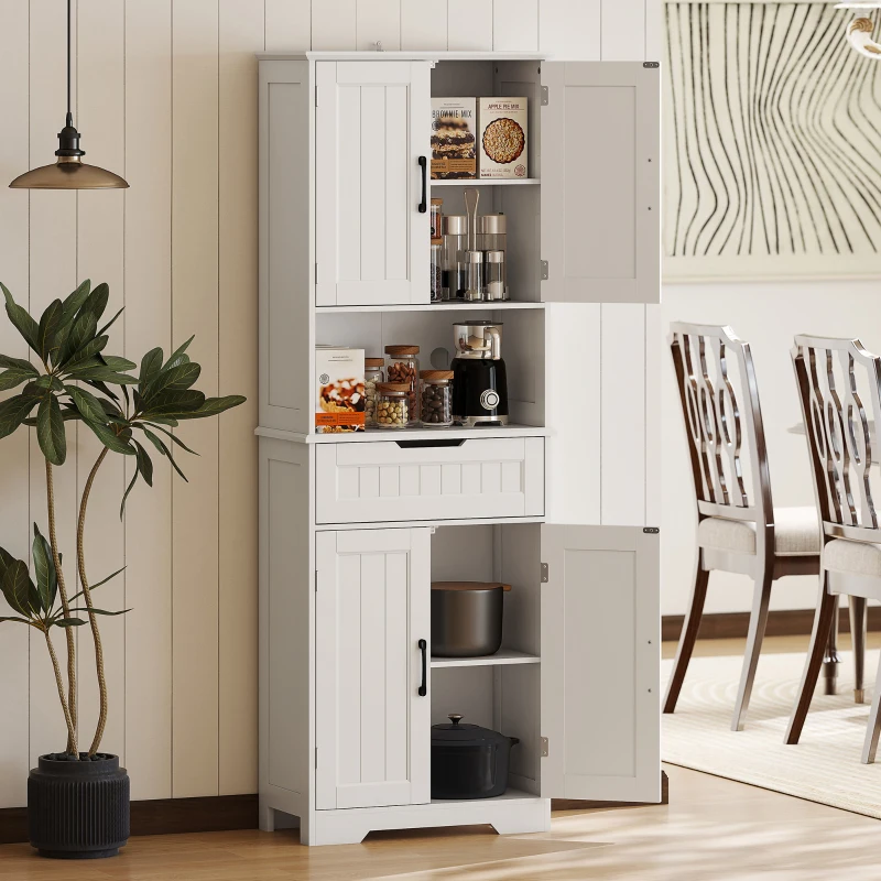 HOMCOM Alacena de Cocina Alta Mueble Auxiliar de Cocina con 4 Puertas 5 Estantes Cajón Estantes Ajustables 60x30x172 cm Blanco