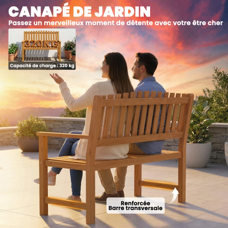 Outsunny Banc de Jardin Banquette de Terrasse 2 Places Charge Max. 320kg Accoudoirs 112 x 64 x 92 cm Bois d'Acacia Naturel