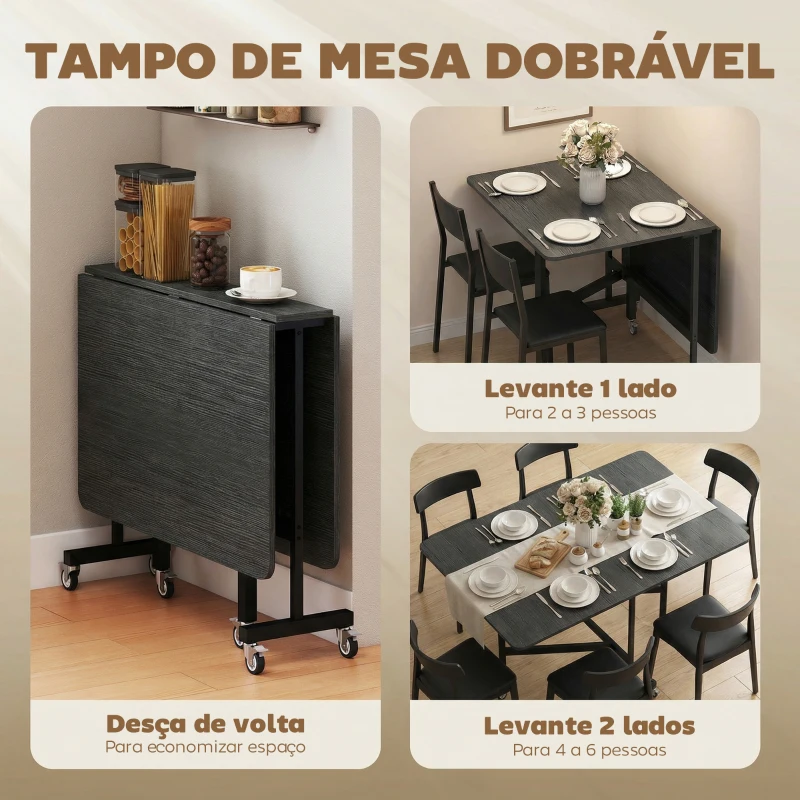 HOMCOM Mesa Dobrável de Jantar para 4-6 Pessoas com Rodas e Abas Rebatíveis 120x80x73 cm Preto