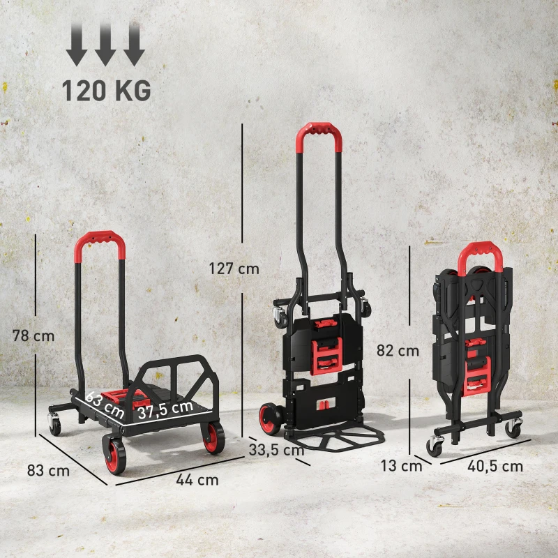 HOMCOM 2-in-1 Plattformwagen Sackkarre Klappbar Transportwagen mit Lenkrollen, Griff, Stahl bis 120 kg