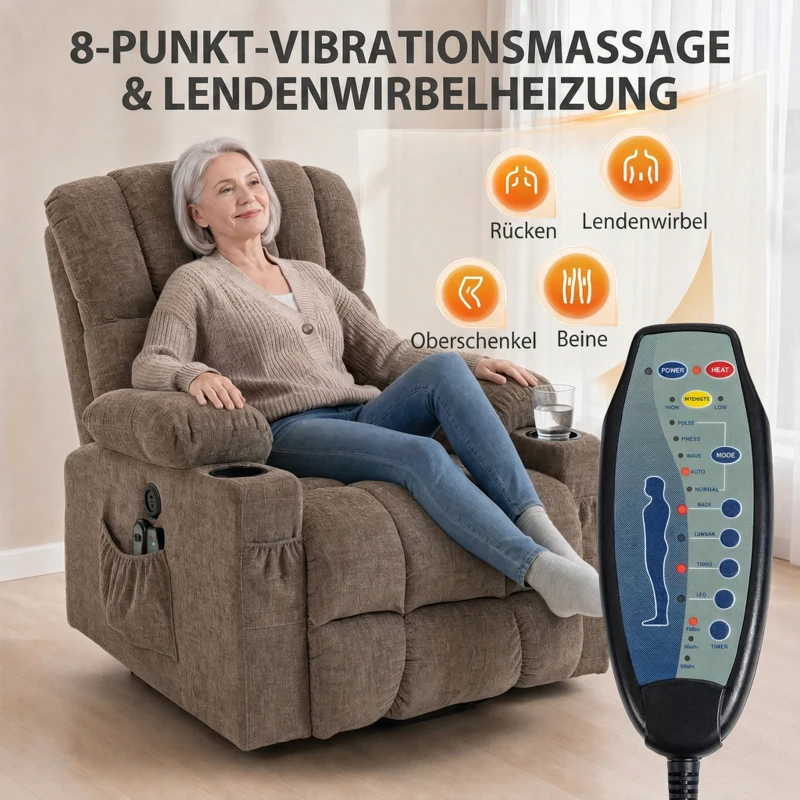 HOMCOM Fernsehsessel mit Aufstehhilfe, Elektrischer Relaxsessel mit Massage & Wärme, Liegefunktion, USB-Anschlüssen, Braun