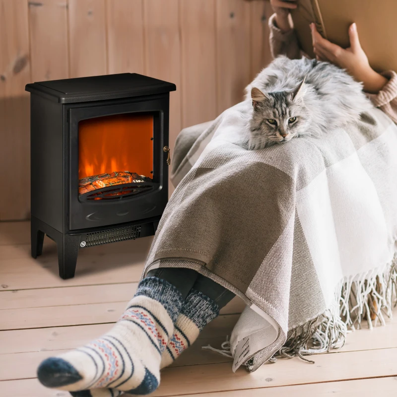 HOMCOM Freestanding Electric Fireplace Stove Heater with Realistic Flame Effect Black