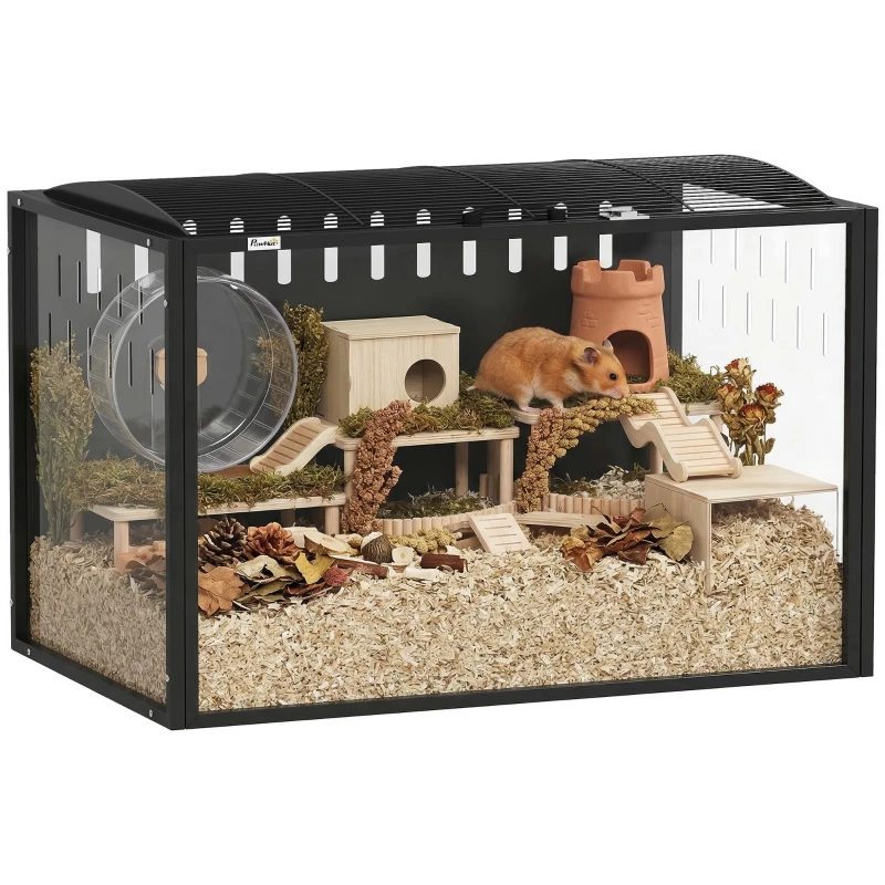PawHut Riesiger Hamsterkäfig – Nager-Habitat aus Stahl und transparentem Acryl mit Panoramasicht 81 x 51 x 53 cm Schwarz