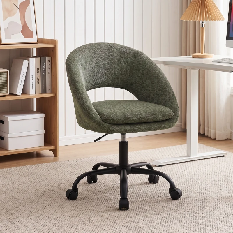 HOMCOM Chaise Bureau Ergonomique en Chenille, Hauteur Réglable, Accoudoirs Intégrés, Pivotant 360°, 59x60x79-89cm, Vert Foncé