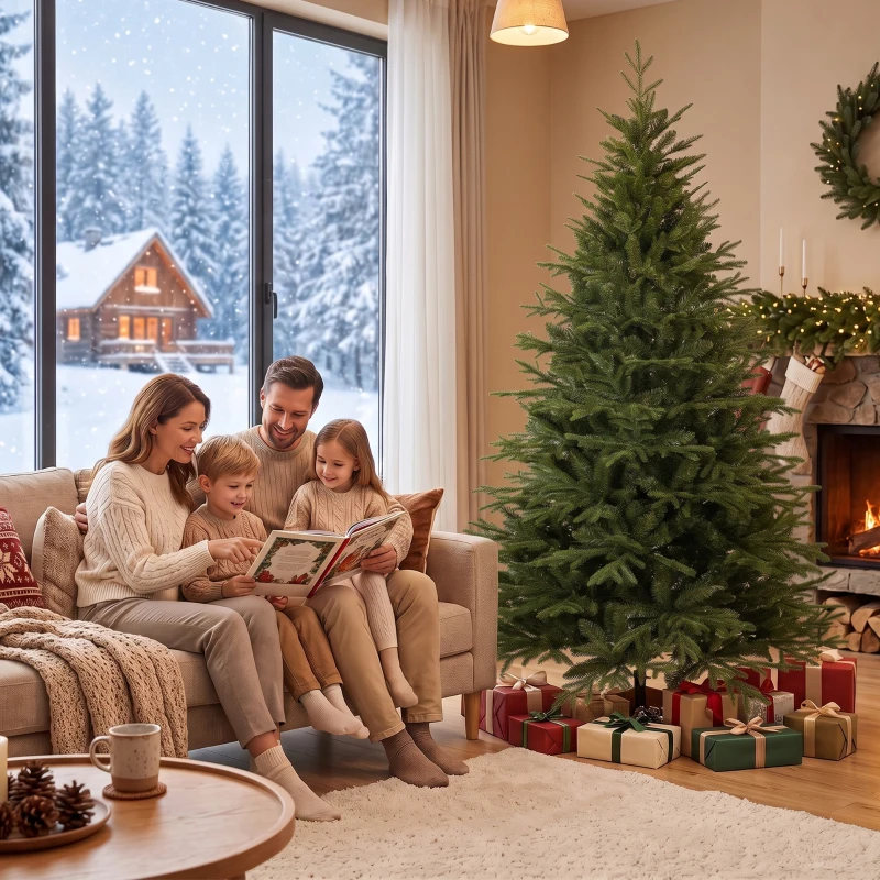 HOMCOM Sapin de Noël Artificiel 180 cm, Arbre de Noël, 2081 Branches Articulées en PE et PVC Ignifuge, Support en Bois Robuste