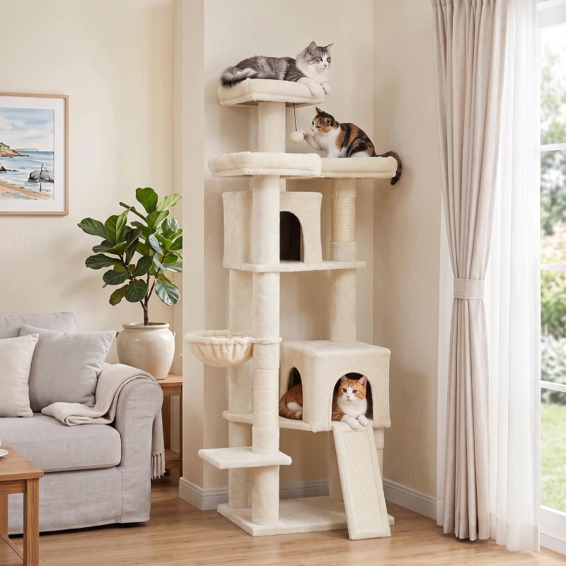 PawHut Grand arbre à griffer 184 cm de haut avec 3 poteaux à griffer, couchages, balle de jeu, hamac, échelle, pour chats de moins de 6 kg