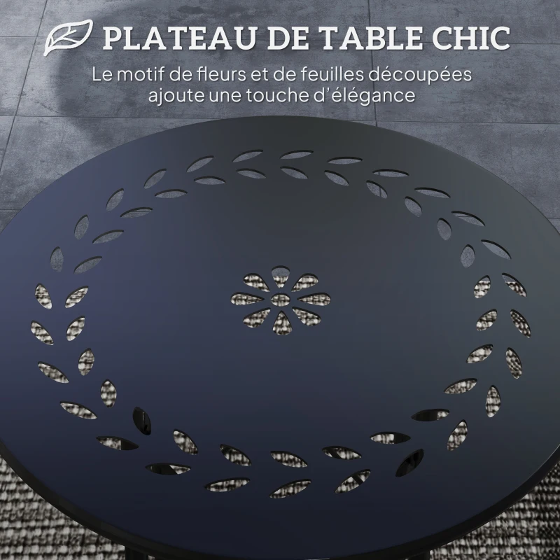 Outsunny Petite table d'appoint ronde, table de jardin, avec découpe en forme de fleur et feuilles, en acier, Ø 40 x 50 cm, noir