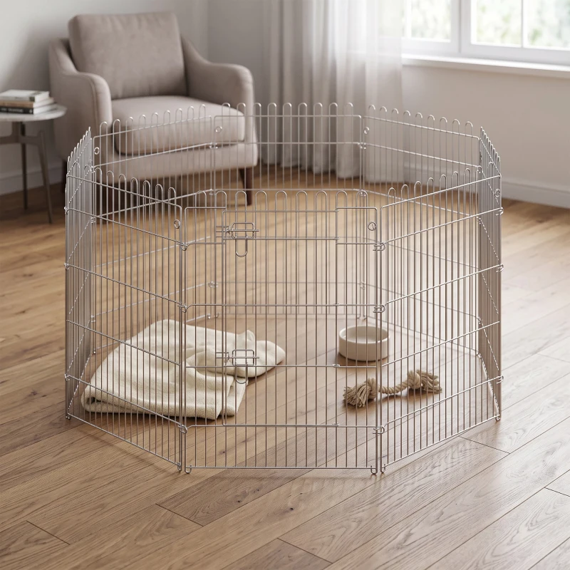 PawHut Vallas para Perros Plegables de 8 Piezas 63x91 cm con 1 Puerta y Marco de Acero para Jardín Patio Plata