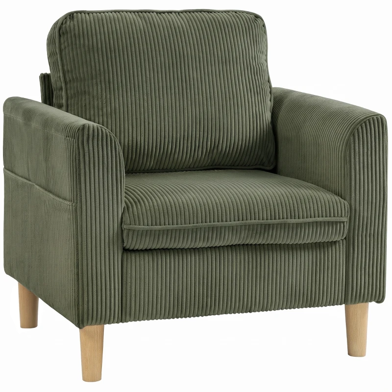 HOMCOM Kordvelours-Wohnzimmersessel, gepolsterter 1-Sitzer mit breiter Sitzfläche und Federkernkissen, 83x74x87cm, Grün