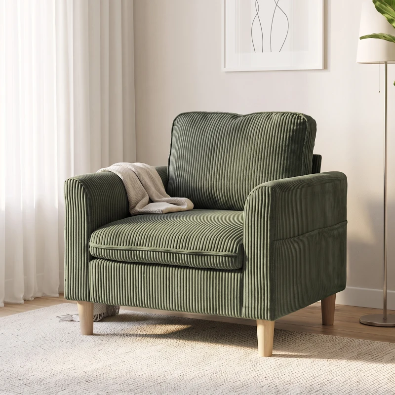 HOMCOM Kordvelours-Wohnzimmersessel, gepolsterter 1-Sitzer mit breiter Sitzfläche und Federkernkissen, 83x74x87cm, Grün
