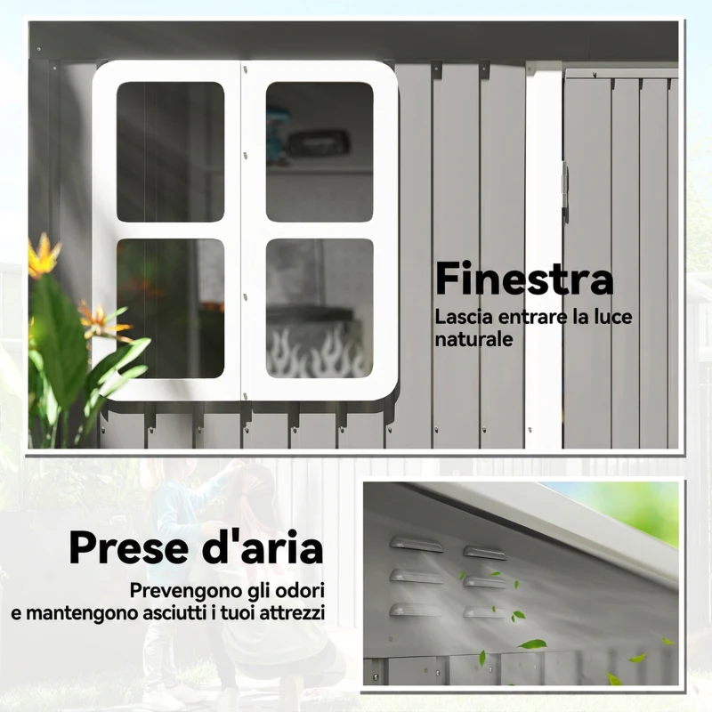 Outsunny Casetta da Giardino 4.13m² in Acciaio Zincato Kit di Fondazione, Tetto Inclinato, Doppia Porta Bloccabile, Prese d'Aria, Finestra, Grigio