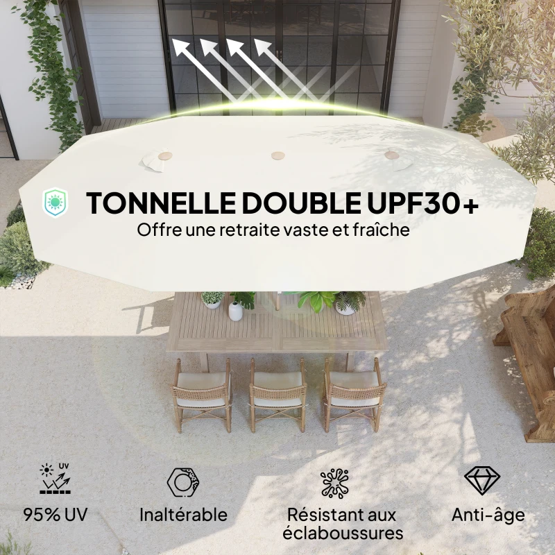 Outsunny Parasol de jardin double 455 x 265 cm rectangulaire, manivelle, poteau en acier, polyester 180g/m², abri soleil UPF30+