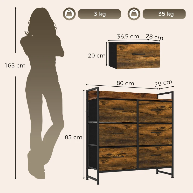 HOMCOM Rustic Chest of Six Fabric Drawers - Rustic Brown