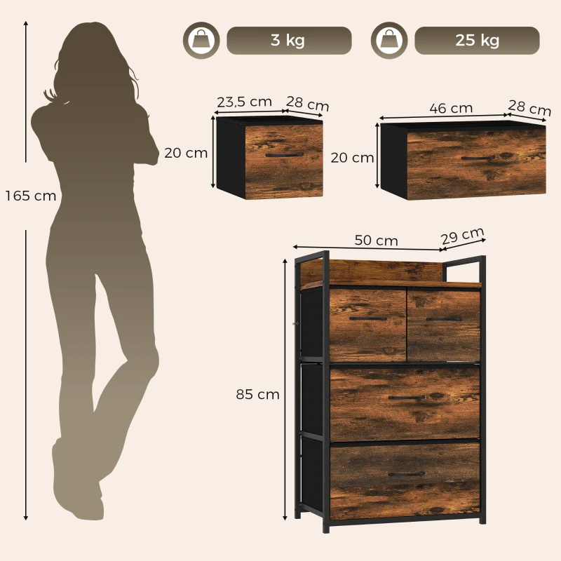 HOMCOM Meuble de rangement style industriel commode 4 tiroirs en tissu pliables et amovibles et 1 étagère - 50 x 29 x 85 cm