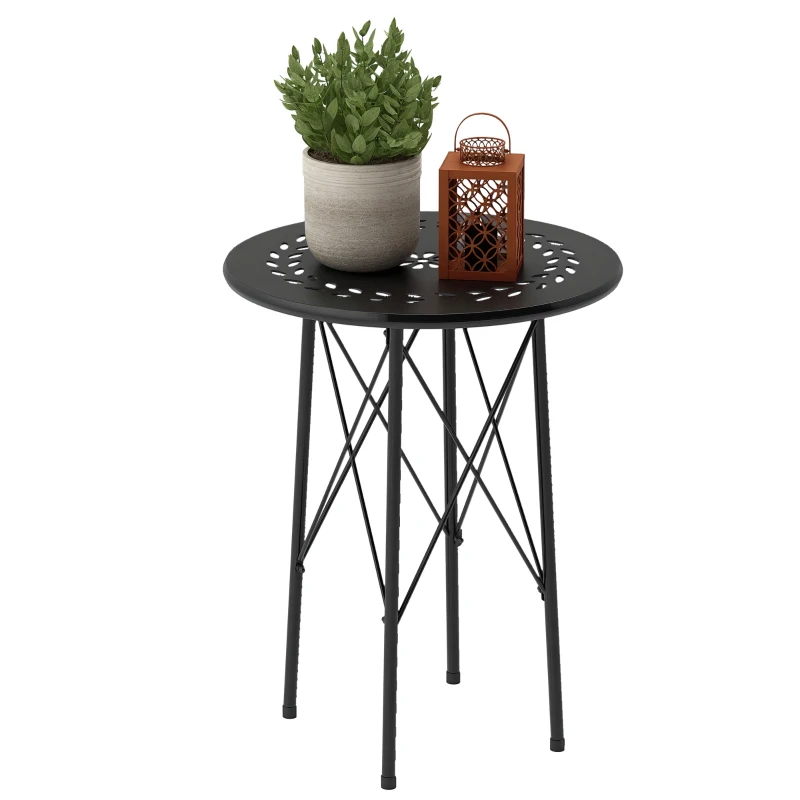 Outsunny Petite table d'appoint ronde, table de jardin, avec découpe en forme de fleur et feuilles, en acier, Ø 40 x 50 cm, noir