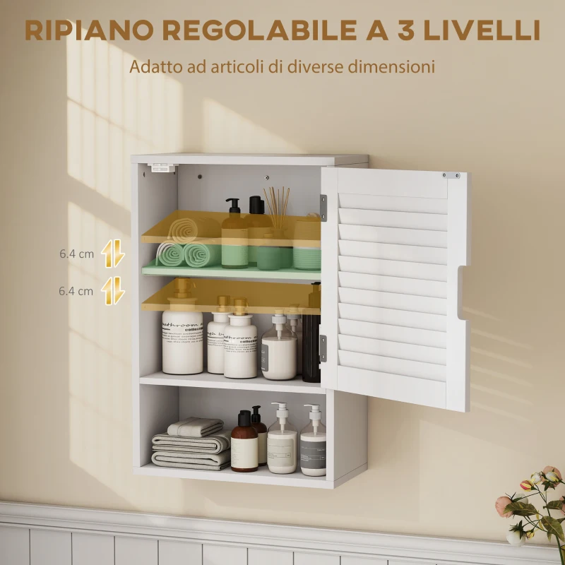 HOMCOM Armadietto Bagno a Parete con Ripiano Regolabile e Anta Ammortizzata, 40x20x60 cm, Bianco