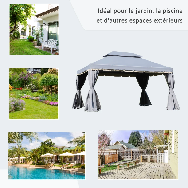 Outsunny Tonnelle de jardin extérieur 3,9 x 2,9 m, barnum avec toit double, rideaux et moustiquaire, tente de réception en aluminium, tonnelle pour terrasse patio mariage baptême, gris(m-7)