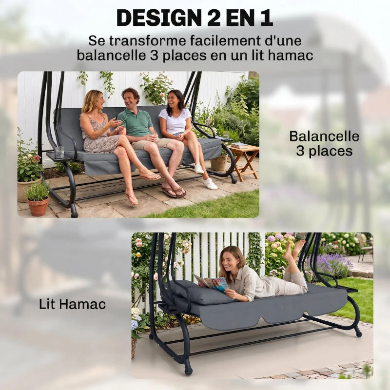 Outsunny Balancelle de jardin 3 places convertible toit inclinaison réglable 2 tablettes 2 x 1,2 x 1,64 m acier gris foncé