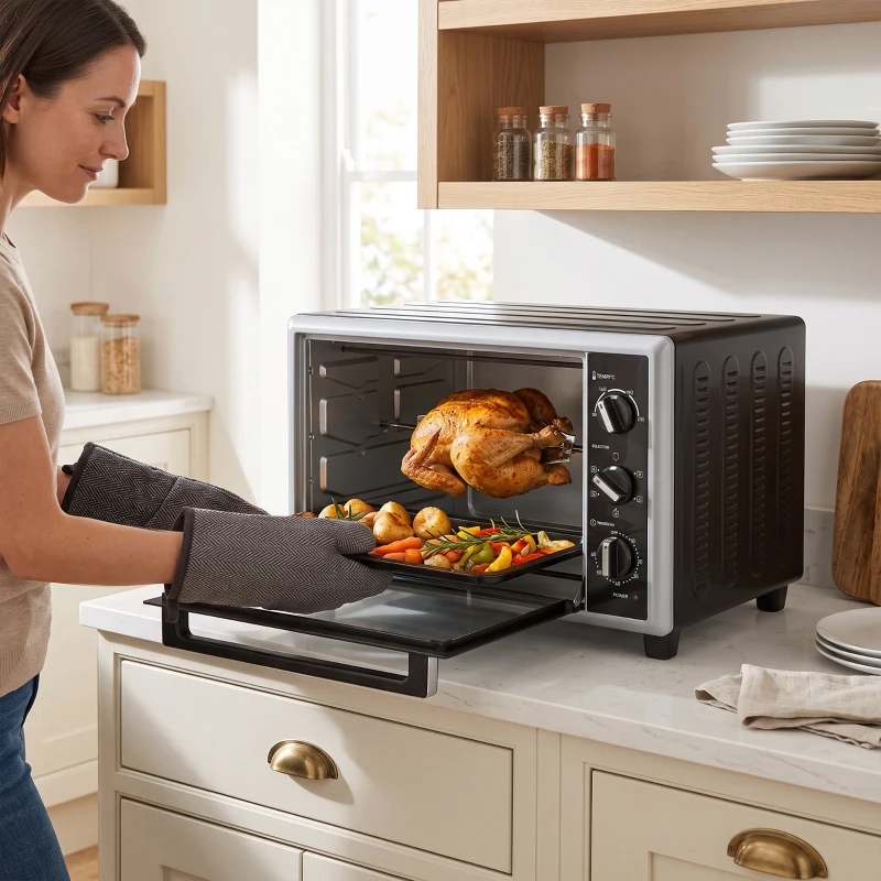 HOMCOM Mini cuptor 46 L cu rotisor, convecție, reglare temperatură și temporizator, 1800 W, Negru