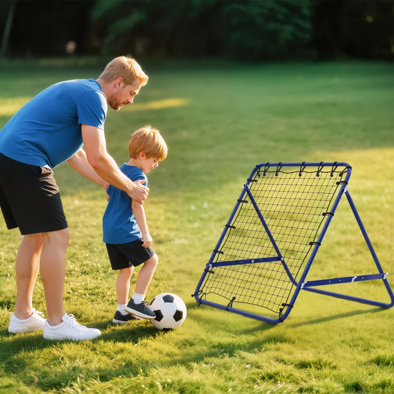 HOMCOM Filet de Rebond Rebondeur de Football en Métal avec Angle Réglable 20 Cordes Élastiques 96x80x96 cm Bleu
