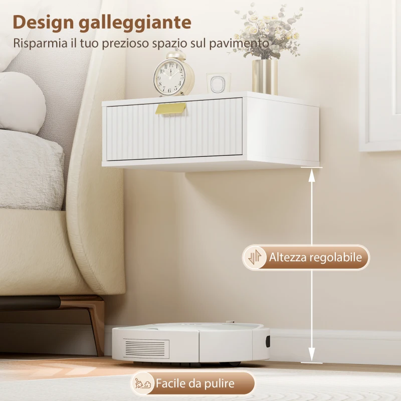 HOMCOM Set di 2 Comodini Camera da Letto da Parete con Cassetto Ondulato, Comodini Sospesi, per Soggiorno, 40x30x15cm, Bianco