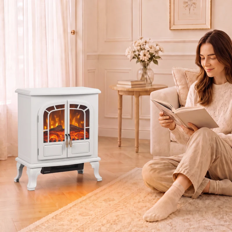 HOMCOM Freestanding Electric Fireplace Stove Heater with LED Fire Flame Effect White