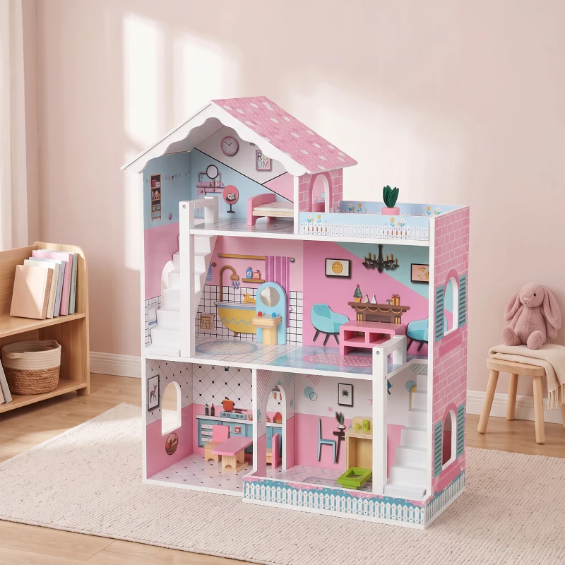 AIYAPLAY Wooden Dolls House, Large 3-Storey Modern Dollhouse with 10 Accessories, Pretend Play Toy Gift for Ages 3-6 Years, Pink