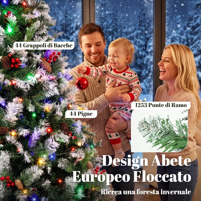 HOMCOM Albero di Natale Innevato 210cm, 400 Luci LED a 2 Colori, Telecomando, 11 Modalità, 1253 Rami, Pigne, Bacche Rosse