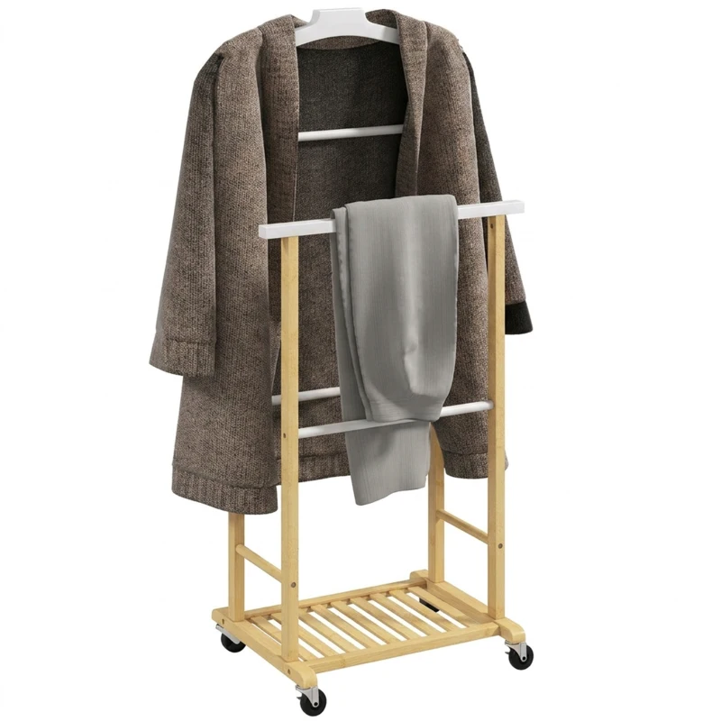 HOMCOM Cuier de Podea cu Roți, Bare și Poliță, din Bambus, Design Nordic, 47 x 33,7 x 105,5 cm, Culoare Lemn