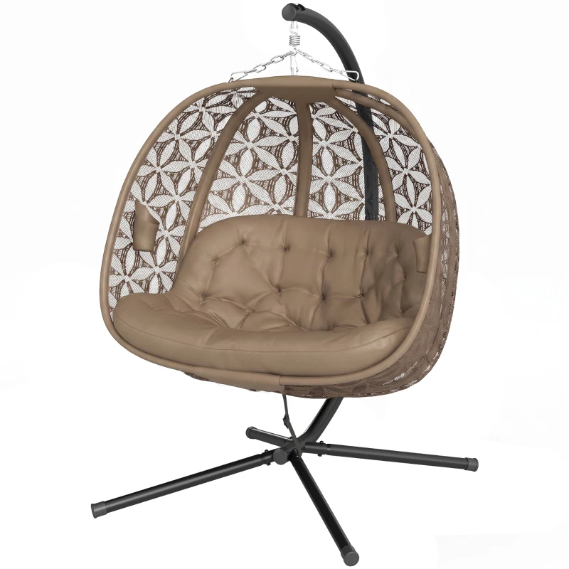 Outsunny Outdoor Double Hanging Chair with Cushion and Cup Holders, Sand Brown