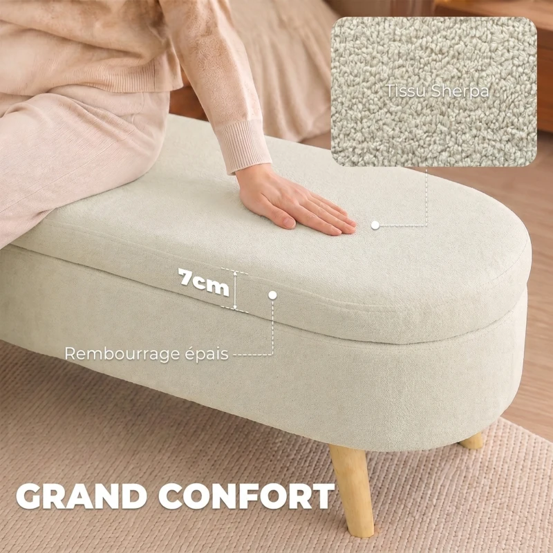 HOMCOM Banc Banquette, Bout de Lit, Coffre de Rangement 2 en 1 en Tissu avec Pieds en Bois, 110L x 40P x 43H cm, Crème