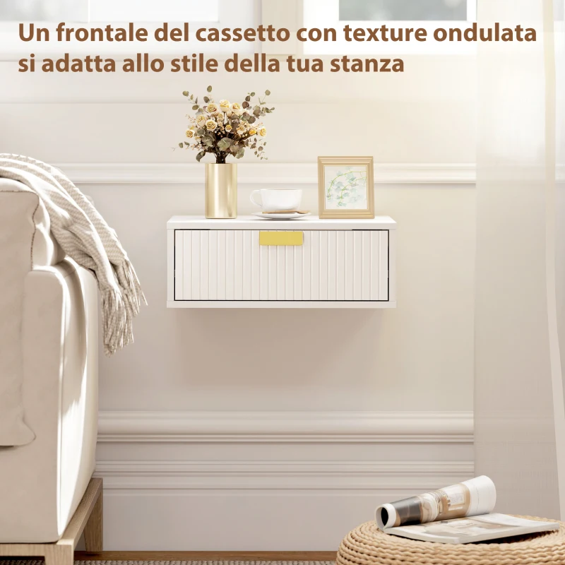 HOMCOM Set di 2 Comodini Camera da Letto da Parete con Cassetto Ondulato, Comodini Sospesi, per Soggiorno, 40x30x15cm, Bianco