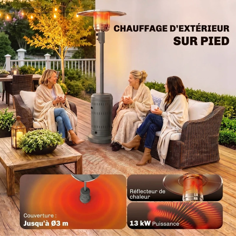 Outsunny Chauffage Extérieur Terrasse Portable 13 kW, Niveaux de Chauffe Réglables, Protection Anti-Basculement, 82x82x223cm Gris