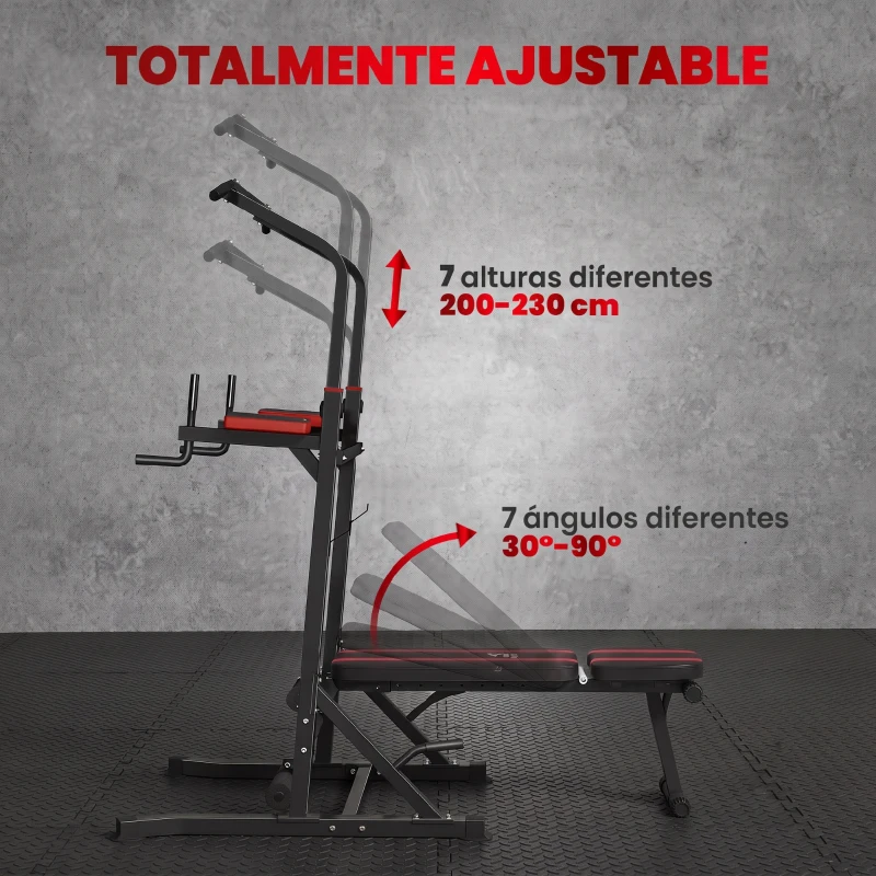 HOMCOM Estación de Musculación Plegable Altura Ajustable con Barra de Dominadas Banco Reclinable para Gimnasio Negro y Rojo