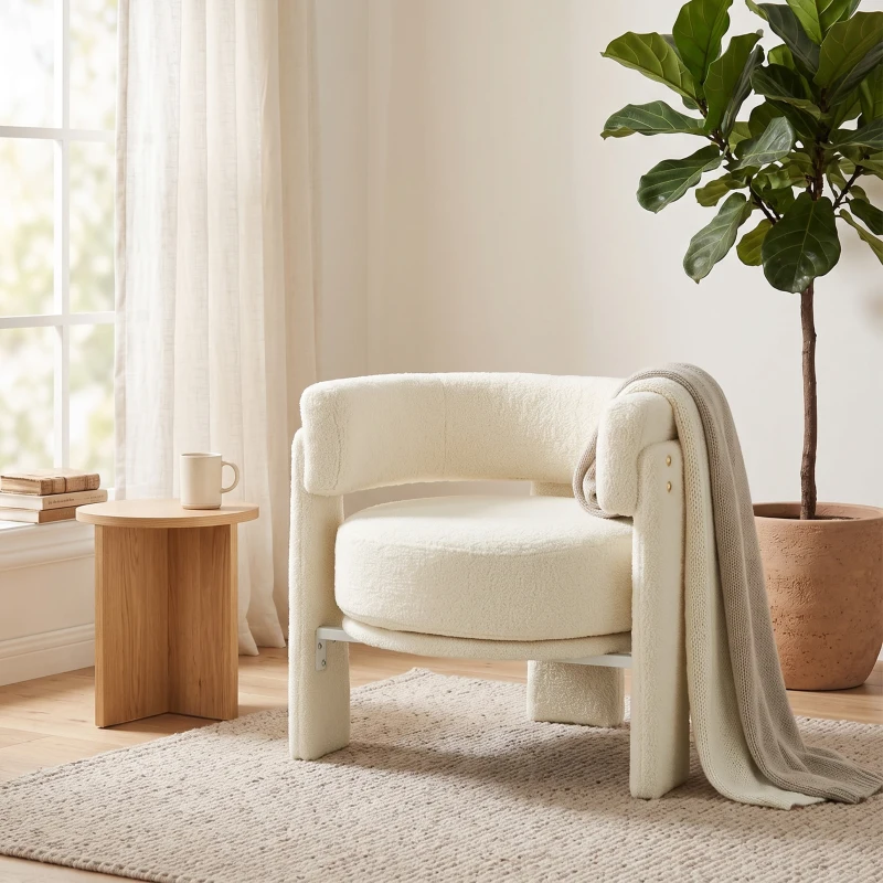 HOMCOM Poltrona em Tecido Bouclé com Almofada Lombar Assento Profundo Acolchoado e Braços Branco-Creme