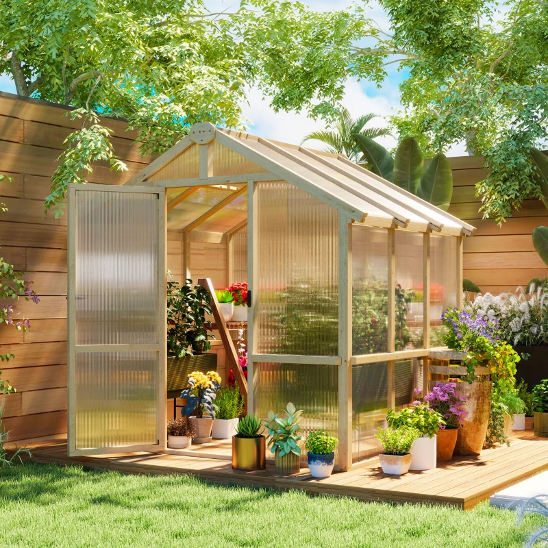 Outsunny 6.6 x 6ft Polycarbonate Greenhouse, Walk-in Wooden Greenhouse with Lockable Door and Window, Garden Plants Grow House, Brown