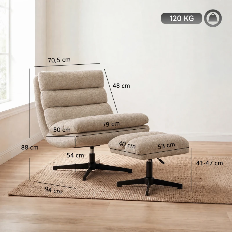 HOMCOM Sillón lounge con reposapiés, sillón chenilla giratorio con reposapiés regulable en altura, acolchado grueso y asiento ancho, Marrón