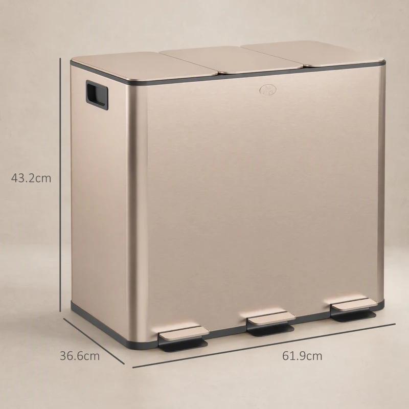 HOMCOM 45L Triple Compartment Stainless Steel Bin, with Deodoriser Holders - Gold Tone